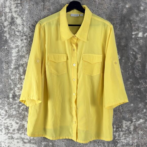 Susan Graver Plus Size 1X Casual Button Collar Top Yellow 3/4 Sleeve Pockets - Picture 1 of 8